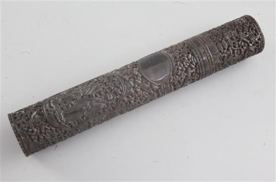 A Chinese export tortoiseshell cylindrical case, 19th century, length 14.3cm
